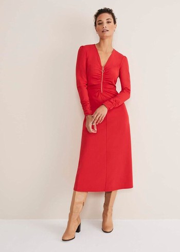 Phase Eight Irisa Zip Ruched Dress Red Canada | QNHFAI-637